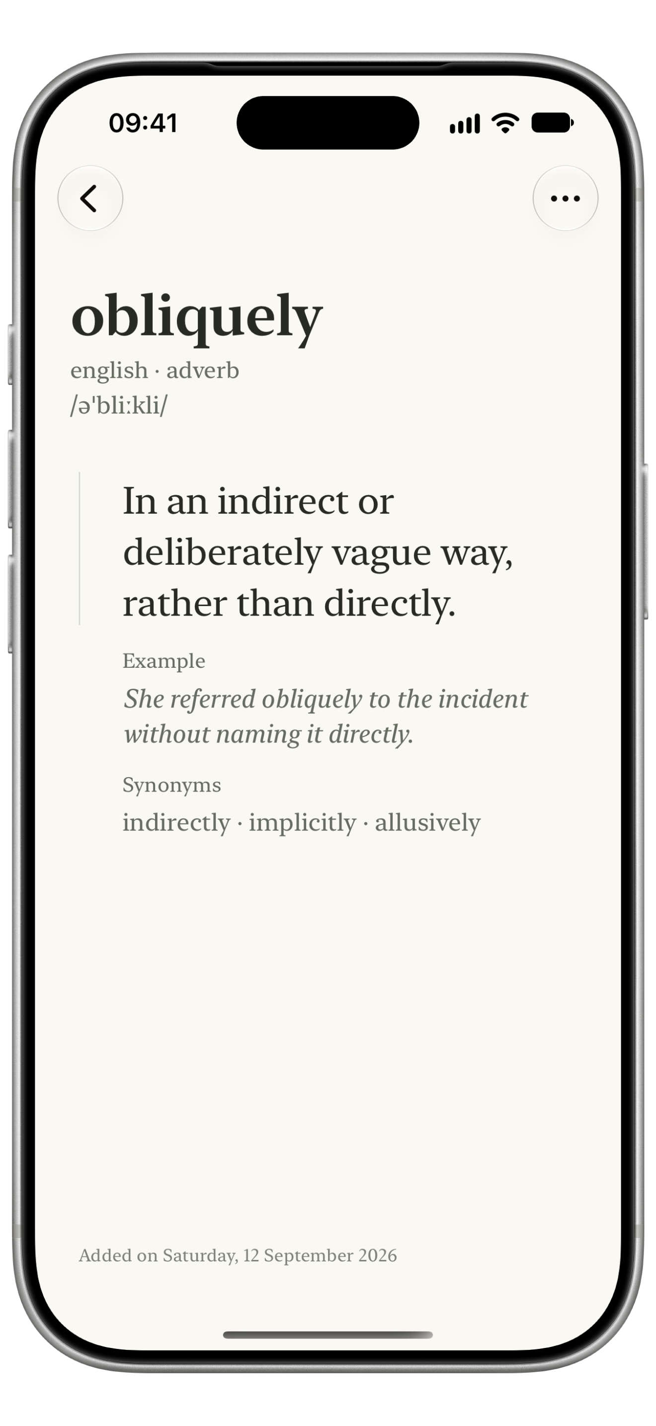 Omato showing the same-language definition of obliquely