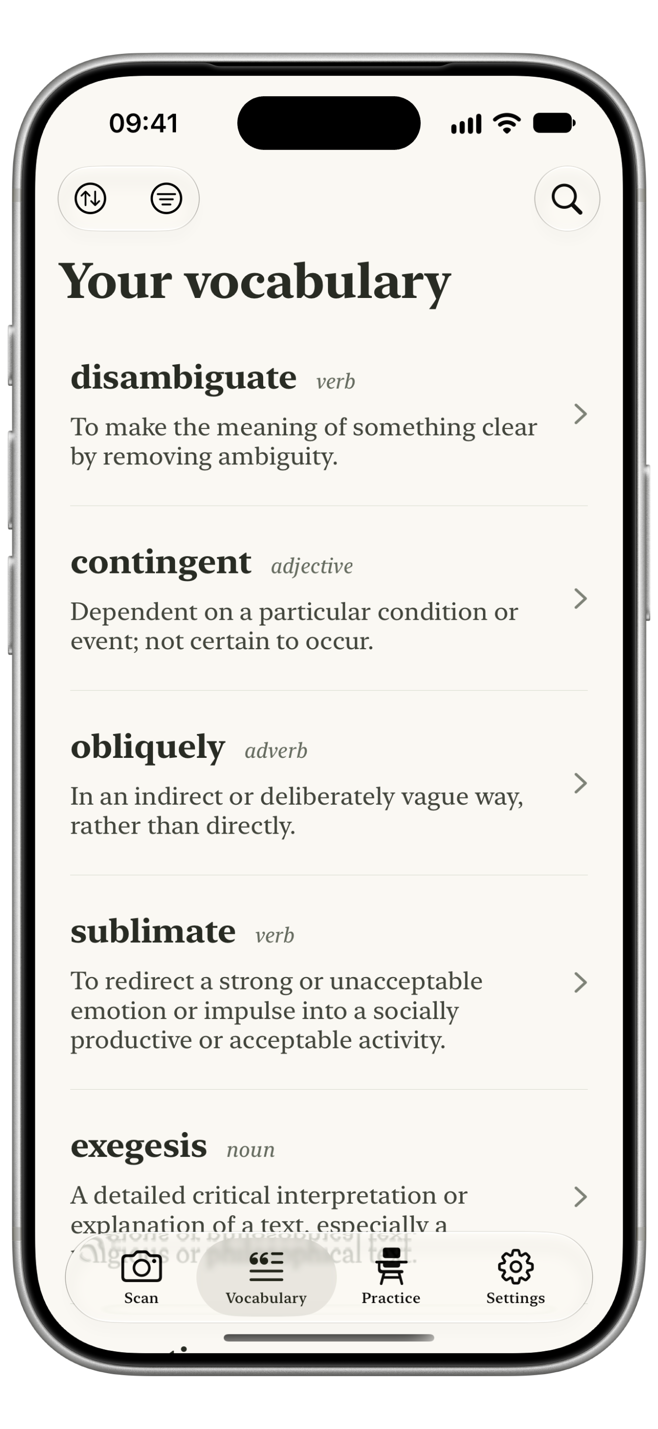 Omato’s saved vocabulary library